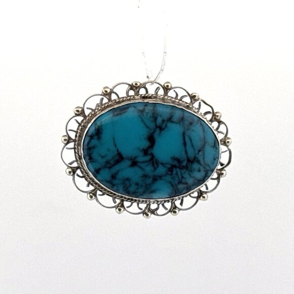 Estate Sterling Silver 750 Filigree Brooch Pin with Turquoise Cabochon Oval 4.4g - Picture 1 of 8